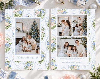 Blue Floral Block Print Christmas Photo Card Template Two Sided Scalloped Grandmillennial Design