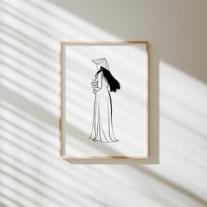 Vietnam Aodai Dressed Woman with hat Printable, Watercolor Vietnamese traditional dress, Vietnamese Art, Minimalist Asian Line Drawing