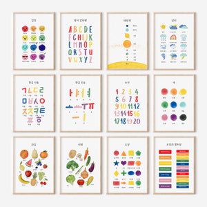 Korean Alphabet Hangul educational print set of 12, PRINTABLE Colorful rainbow Home school wall art, Feelings, Weather, Numbers Fruits