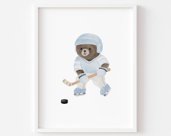 Ice Hockey Teddy Bear Nursery Print: Whimsical Boys Room Decor (Digital Download)