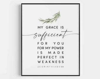 2 Corinthians 12:9, My Grace Is Sufficient For You, Watercolor Botanical leaf wall art, Bible Verse Wall Art, Christian Home Scripture Decor