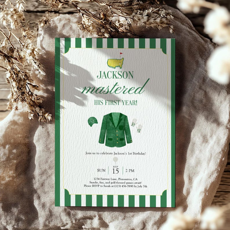 May include: A green and white invitation card with the text "JACKSON mastered HIS FIRST YEAR!" and golf-themed illustrations. The card includes event details: date, time, and location for a first birthday celebration.