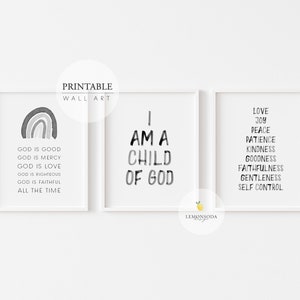 Nursery Bible Verse Prints Set of 3 , God is Good Print, I am a Child of God Wall, Christian Nursery Scripture Wall Art, Fruit of the Spirit