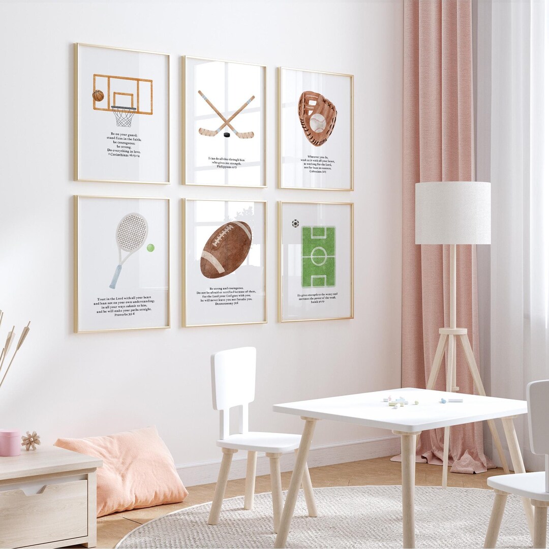 Sports Nursery Bible Verse Wall Art, Aesthetic Watercolor Vintage