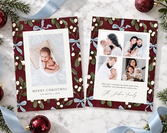 Burgundy Berry Christmas Baby Announcement Photo Template First Christmas Mistletoe Printable Family Card