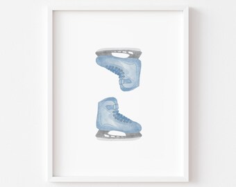 Blue Ice Hockey Skates Print: Vintage Sports Nursery Art (Digital Download)
