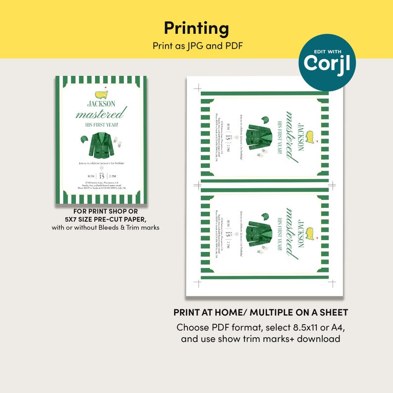 May include: Green and white invitation design with text "JACKSON mastered HIS FIRST YEAR!" and a golf jacket graphic. The invitation is available for print shop or home printing.