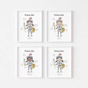 Könnte beinhalten: Vier druckbare Illustrationen der Rüstung Gottes, jede mit einem anderen Hautton. Die Illustrationen zeigen einen Ritter in Rüstung, wobei verschiedene Teile der Rüstung mit der entsprechenden spirituellen Rüstung aus Epheser 6,10-18 beschriftet sind. Der Text umfasst: Helm der Rettung, Brustpanzer der Gerechtigkeit, Schwert des Geistes, Gürtel der Wahrheit, Schild des Glaubens und Schuhe des Evangeliums des Friedens.