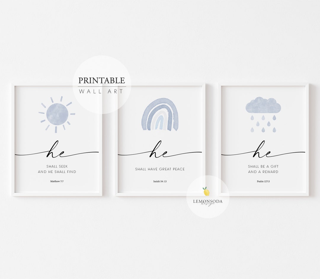 Blue Nursery Bible Verse Print Set of 3, Baby Boy Room Scripture Print, Christian Nursery Wall