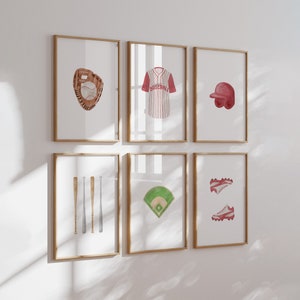 Baseball wall art set of 6 digital prints, Vintage aesthetic Sports nursery wall decor, kids Playroom wall decor, Kids Athlete wall art