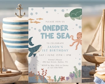 Oneder the Sea 1st Birthday Invitation | Ocean Animals Party Invite, Digital or Printed & Shipped