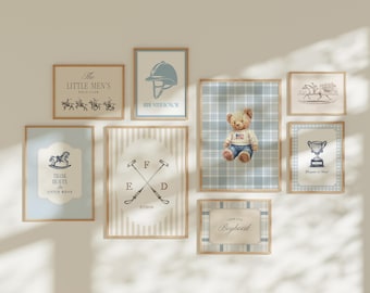 Preppy Blue Plaid Polo Teddy Bear Boys Nursery Wall Art Print