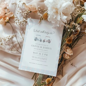 Pastelowy różowo-niebieski wózek golfowy Zaproszenie na baby shower z ujawnieniem płci dziecka, Edytowalny cyfrowy szablon zaproszeń na baby shower w stylu golfa, pobieranie cyfrowe 0204