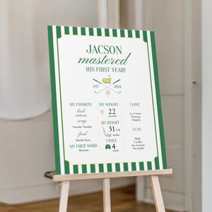 May include: A personalized green and white sign on an easel, celebrating a child's first year. The sign includes the child's name, weight (22 pounds), height (31 3/4 inches), and favorite things. The sign also has the text "JACSON mastered HIS FIRST YEAR!"