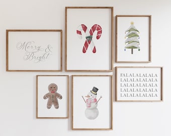 Christmas Gallery Wall Set of 6 Watercolor Printables with Snowman Gingerbread and Candy Cane