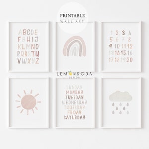 Educational Prints Set of 6, Neutral Rainbow Nursery Wall Art, Montessori Poster, Homeschool Print, Watercolor printable Nursery Room Decor