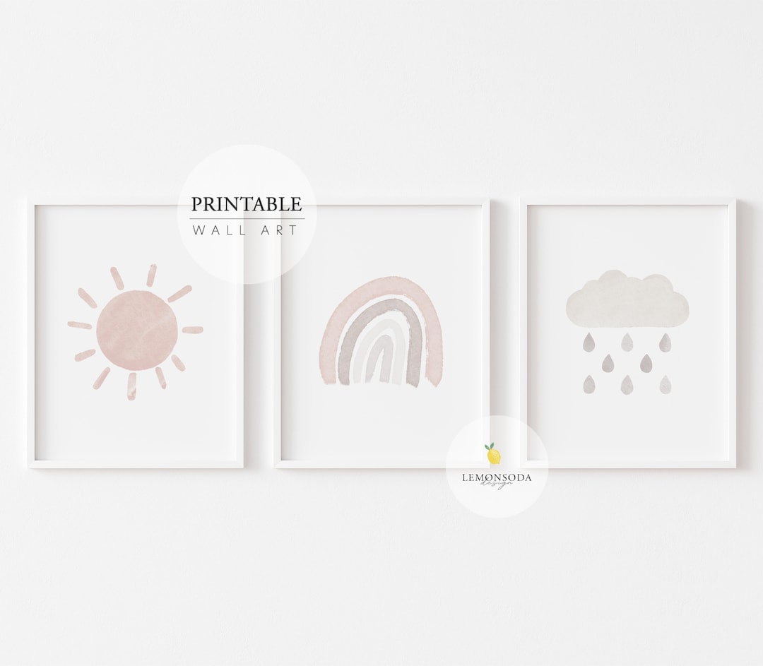 Neutral Rainbow Wall Art, Rainbow Set of 3 Prints, Neutral Sun Cloud