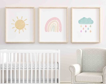 Pastell Regenbogen 3er-Set Prints, Kinderzimmer Regenbogen Wandbild, Aquarell Kinderzimmer Wanddeko, Sonne Wolke Regenbogen Set, Baby Mädchen Zimmer Wanddeko