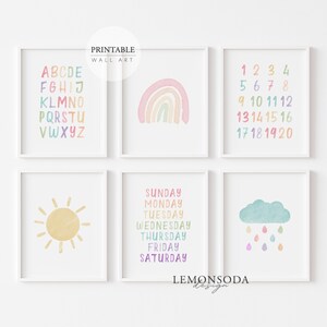 Decoración de vivero pastel, impresión del alfabeto, conjunto de 6 carteles educativos, pared Montessori imprimible, decoración arco iris pastel, descarga instantánea