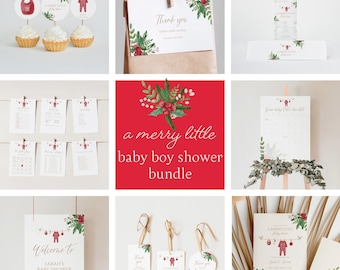 Red Christmas Baby Boy Shower Bundle with Winter Invitation Signs and Games Template