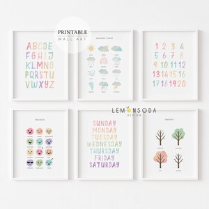 Pastellfarbenes Lernposter, Kinderzimmer Wanddruck Set von 6, Pastellregenbogen Spielzimmer Alphabet Set, ABC Zahlen Print, Sofort 104