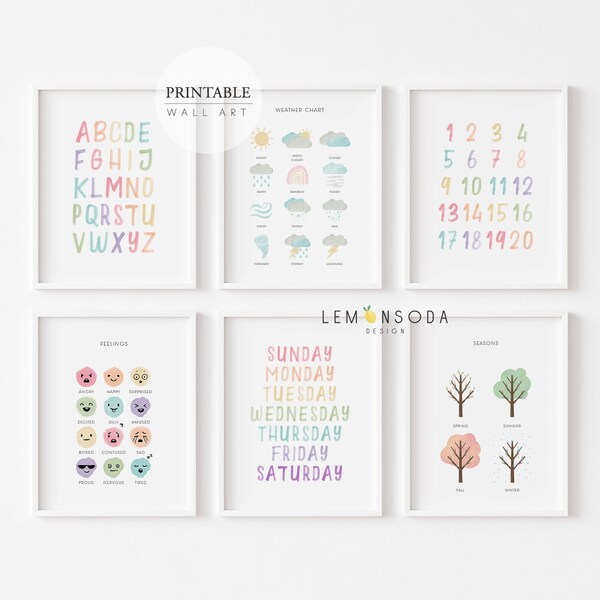 Printable Pastel Educational Poster, Nursery Wall Print Set of 6, Pastel Rainbow Playroom Alphabet set, ABC Numbers Print, Instant 104