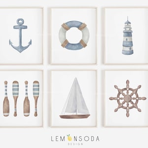 May include: Set of six watercolor nautical prints featuring a blue anchor, a blue and white life preserver, a blue and white lighthouse, three brown and blue oars, a sailboat with a white sail, and a brown ship's wheel.