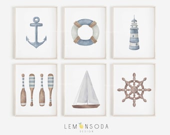 Set of 6 Nautical Nursery prints, Boys Room Wall decor, Printable watercolor summer print, Watercolor Play Room decor, Digital downloads22