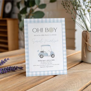 Editable Blue Golf Gingham Baby Shower Invitation, Printable Boy Baby Shower, Instant Download, Baby shower invitation Template