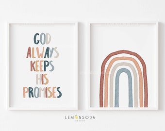 Set of 2 boho nursery bible verse print, God always keeps his promises, kids scripture wall art, Christian nursery, digital download