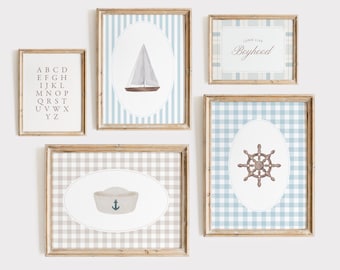 Boys Nautical Gallery Wall Art Set, Blue Vintage Preppy Nursery Prints Digital Download