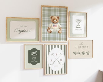 Sage green Gingham Christian Teddy Bear Print and Ship Poster | Vintage Preppy Nursery Print