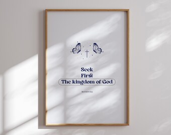 Seek God first bible verse printable wall art, Modern Trendy aesthetic Christian wall decor, butterfly scripture wall art, Christian gift