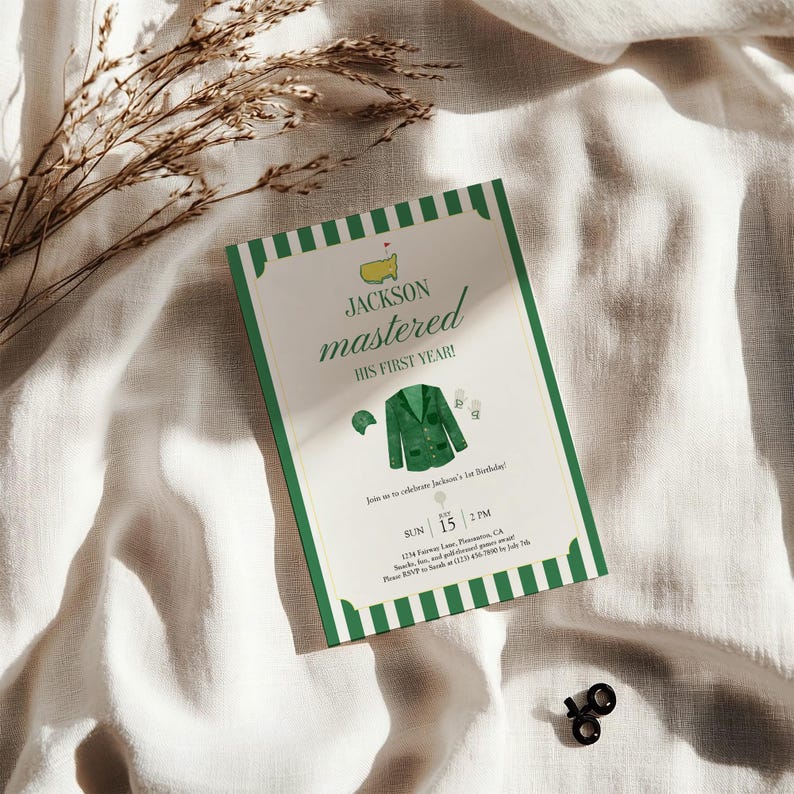 May include: A golf-themed invitation with a green and white striped border. The invitation reads "Jackson mastered HIS FIRST YEAR!" and includes illustrations of a golf jacket and cap. The date is July 15th at 2 PM.