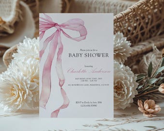 Pink Bow Baby Shower Invitation Coquette Baby Girl Editable Template