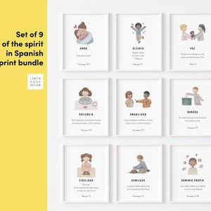 Español el fruto del espíritu para niños conjunto de 9 decoración de pared de guardería cristiana imprimible, Escritura de acuarela de la escuela dominical de la Iglesia