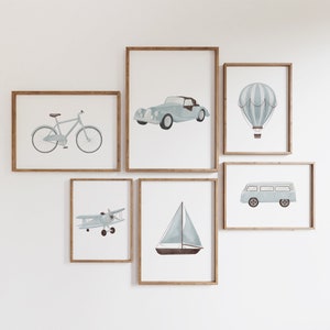Blue Boys room wall set of 6 gallery prints, Blue transportation print, Baby boys Nursery wall decor, Travel Nursery Kids Playroom Gift