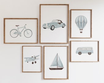 Blue Boys room wall set of 6 gallery prints, Blue transportation print, Baby boys Nursery wall decor, Travel Nursery Kids Playroom Gift