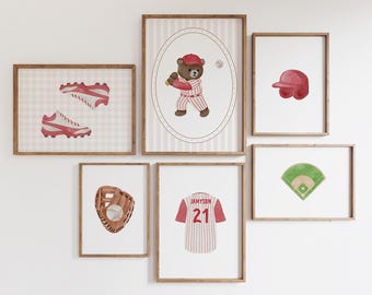 Kunst aan de muur teddybeer honkbal, gepersonaliseerde jongenskamerprint, aangepaste naam sportkamerdecoratie