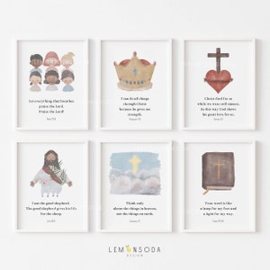 Set of 6 Kids bible verse prints Christian Nursery Boho Neutral Scripture Wall Art Church Nursery Room Decor Bundle, Digital Downloadable