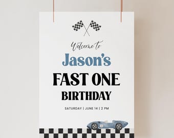 Panneau de bienvenue anniversaire voiture de course Fast One
