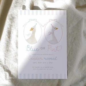 Silly Goose Gender Reveal Invitation, invitation de fête d'oie aquarelle bleue ou rose, modèle modifiable moderne minimal, baby shower classique