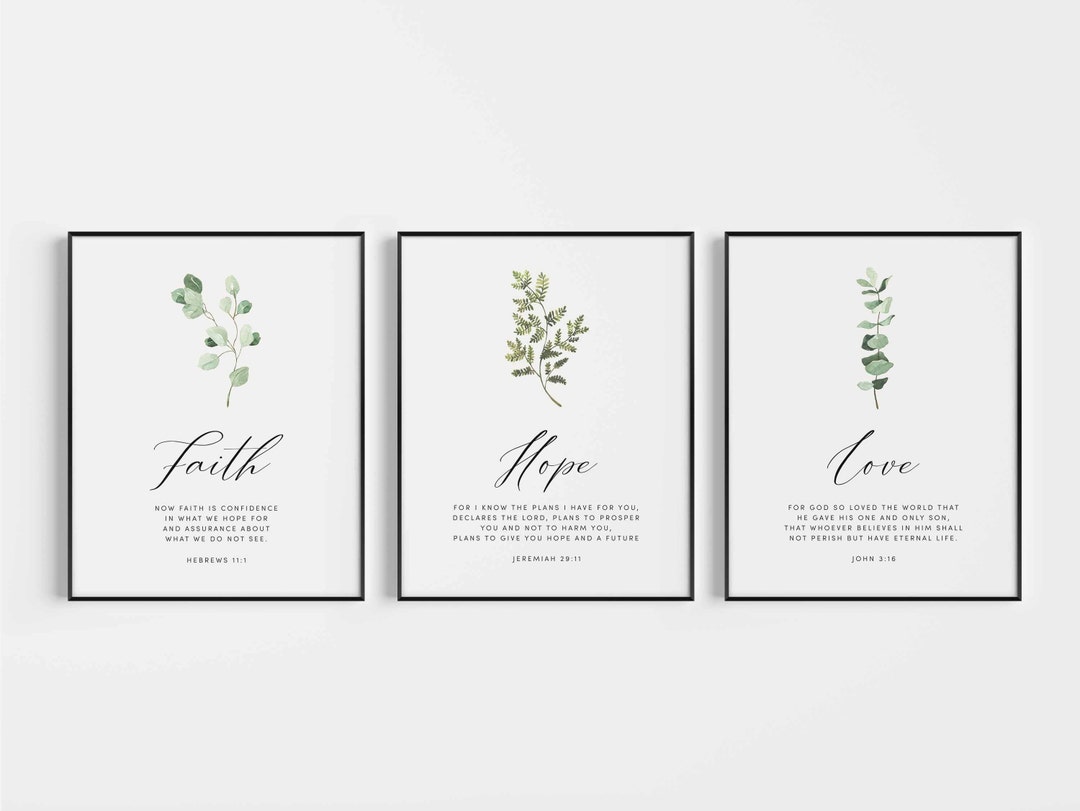 Faith Hope Love, Bible Verse Wall Art Set of 3 Prints, Scripture Quote ...