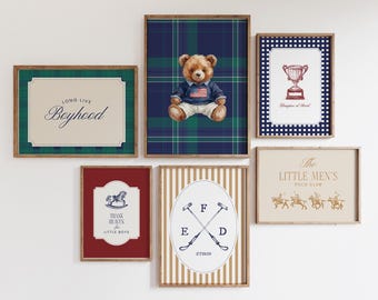 Vintage Polo Teddy Bear Art | Custom Name Initial Print | Sports Boy Nursery Decor | Digital Download