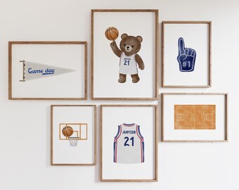 Basketball Teddy Bear Wall Art, Custom Name Sports Nursery Print, Preppy Vintage Kids Decor