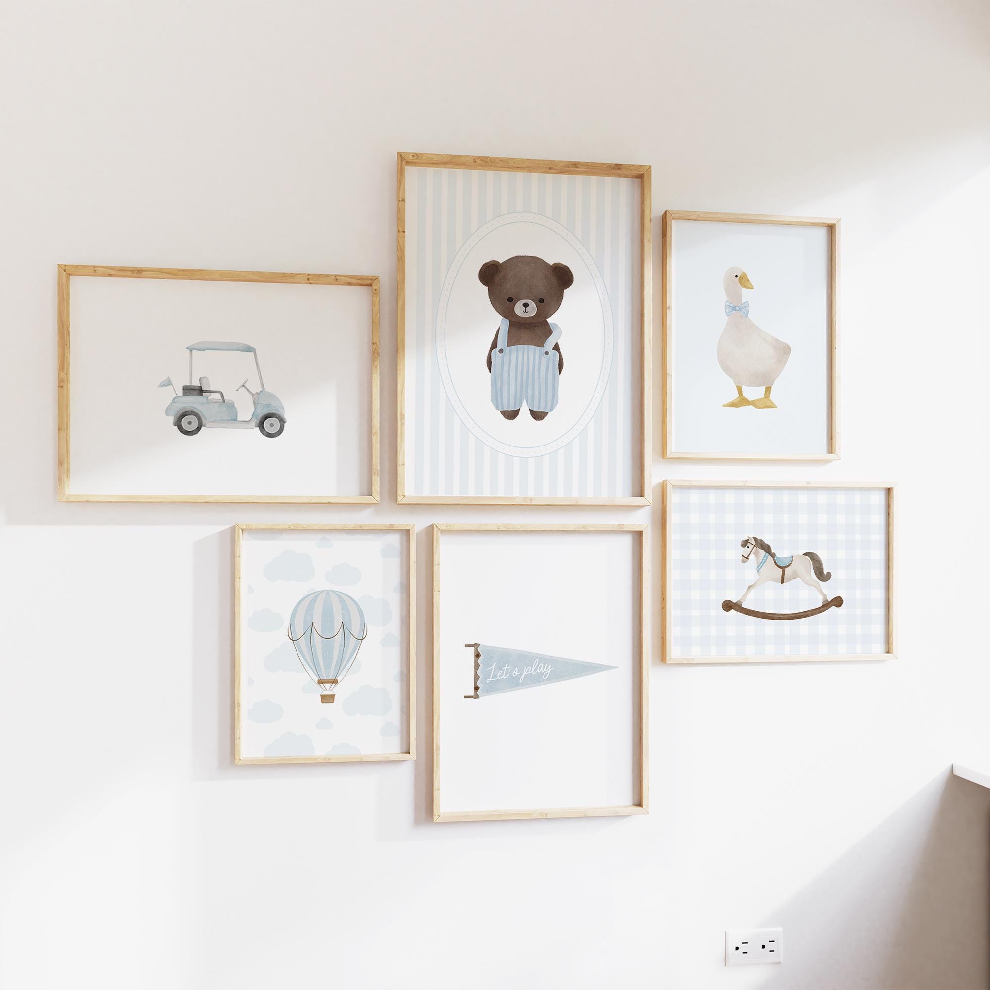 Blue baby boy nursery gallery wall decor, blue hot air balloon teddy bear pennant flag, vintage blue gingham pattern wall art, housewarming