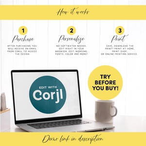 May include: A laptop displays the text "EDIT WITH Corjl" on its screen, with a white mug and a pen holder nearby. The image includes text that says "How it works" and details the steps: Purchase, Personalize, and Print. A yellow circle says "TRY BEFORE YOU BUY!"