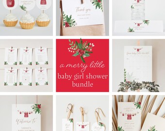 Red Christmas Baby Girl Shower Bundle with Winter Invitation Signs and Games Template