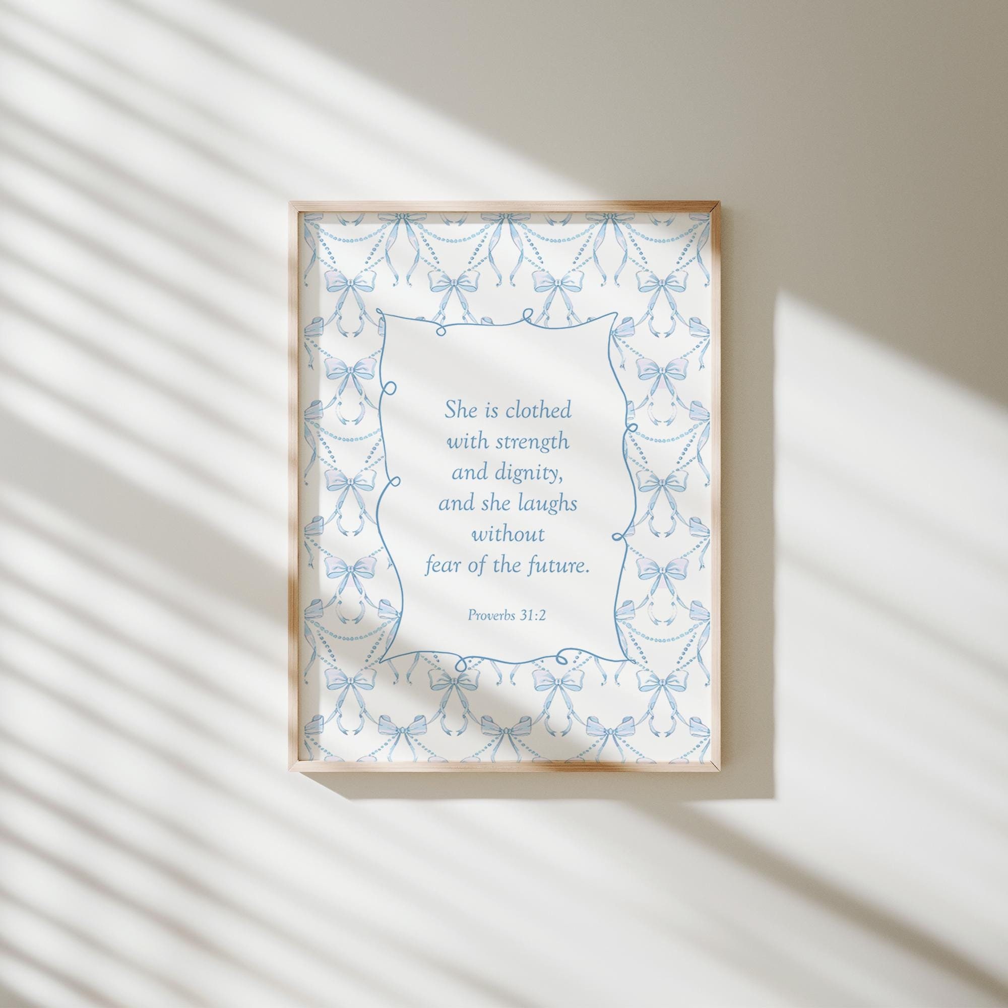 Girly blue bow coquette Proverbs 31 bible verse wall art, Aesthetic trendy whimsical religious dorm decor, Teen girl room decor, faith gift