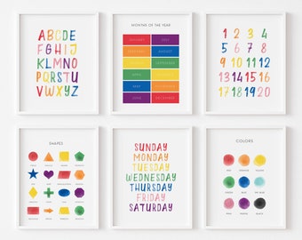 Nursery Alphabet Prints, Set of 6 Educational Posters, Colorful Nursery Decor, Home School Decor, Rainbow Color Nursery, Instant Download